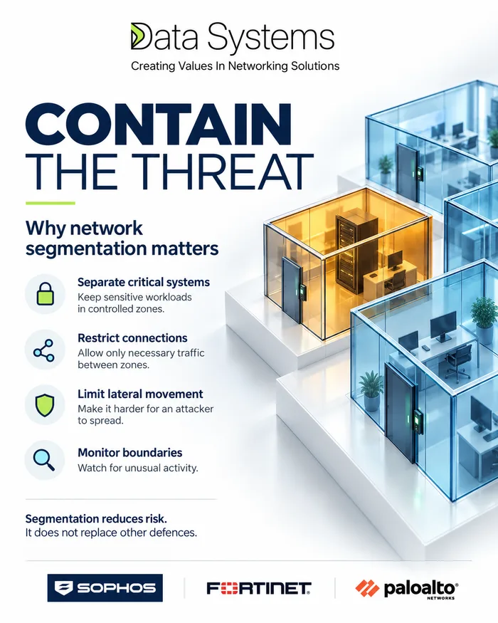 Data Systems poster on network segmentation, three glass rooms of servers and workstations on separate plinths with one highlighted in amber, listing separate critical systems, restrict connections, limit lateral movement and monitor boundaries