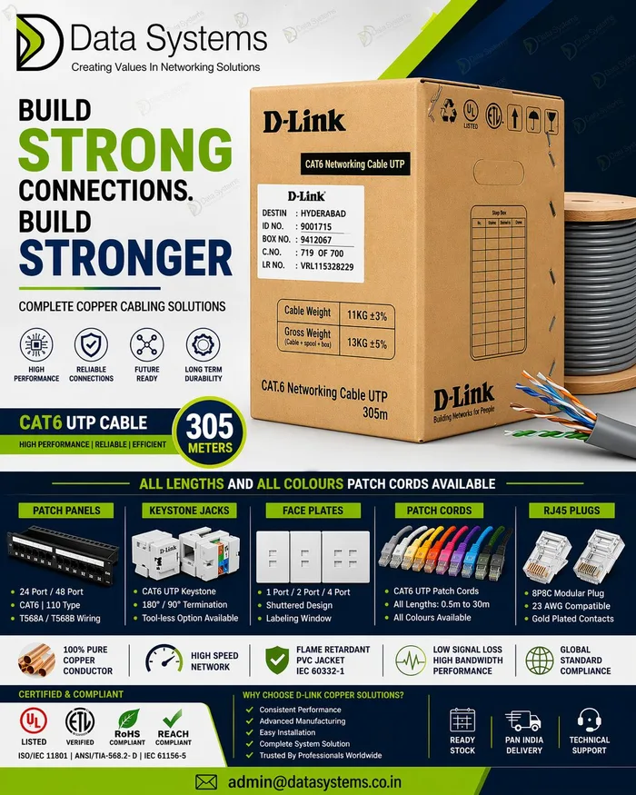 D-Link Cat6 UTP cabling poster from Data Systems showing the 305 metre pull box beside patch panels, keystone jacks, face plates, patch cords and RJ45 plugs