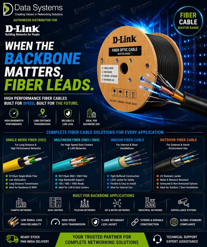 D-Link fibre optic cable poster from Data Systems comparing single-mode OS2, multimode OM3 and OM4, indoor and outdoor fibre cable on a wooden drum