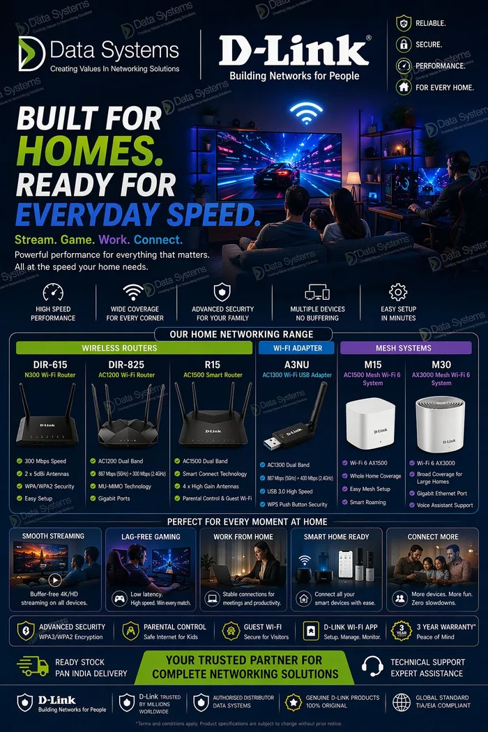 D-Link home networking poster from Data Systems showing DIR-615, DIR-825, R15 and A3NU wireless routers beside M15 and M30 AX mesh systems