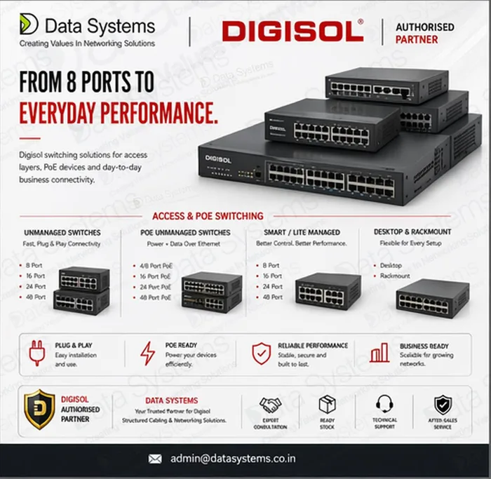 Digisol access switching poster from Data Systems comparing 8, 16, 24 and 48 port unmanaged, PoE unmanaged and smart or lite managed desktop and rackmount switches