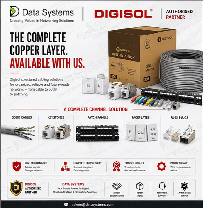 Digisol structured cabling poster from Data Systems showing the 305 metre Reel-in-a-Box carton beside solid cable, keystones, patch panels, faceplates and RJ45 plugs