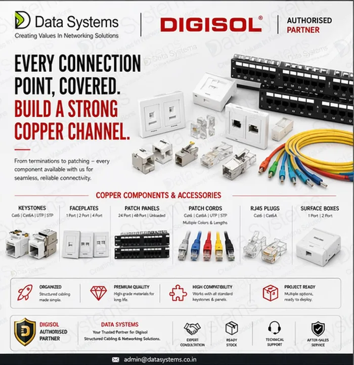Digisol copper component poster from Data Systems showing keystone jacks, faceplates, patch panels, patch cords, RJ45 plugs and surface boxes across the channel