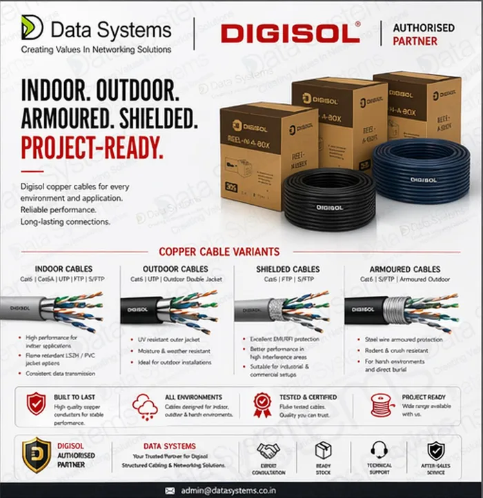 Digisol copper cable poster from Data Systems comparing indoor, outdoor, shielded and armoured Cat6 and Cat6A variants with Reel-in-a-Box packaging
