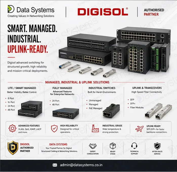 Digisol switching range poster from Data Systems showing lite and smart managed, fully managed, industrial and uplink switches side by side with port counts