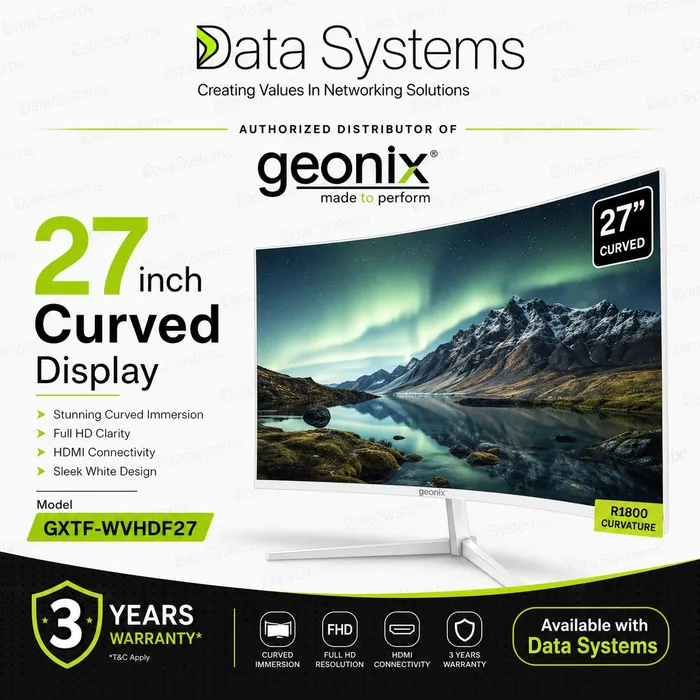 Geonix GXTF-WVHDF27 curved monitor from Data Systems, 27 inch white chassis showing a mountain landscape, with R1800 curvature marked