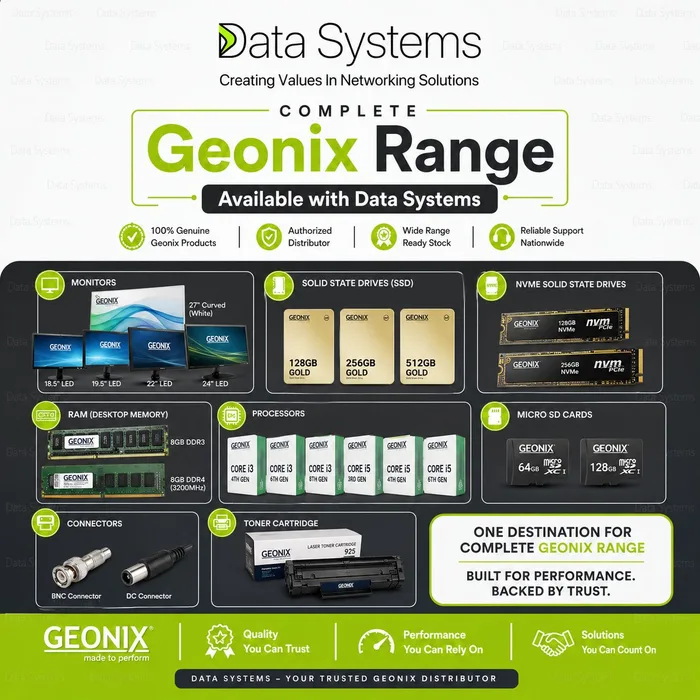 Geonix range poster from Data Systems tabling monitors, SATA and NVMe SSDs, desktop memory, processors, micro SD cards, connectors and toner cartridges