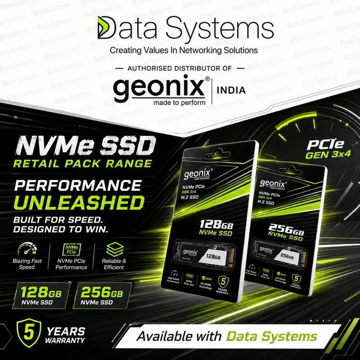 Geonix NVMe SSD poster from Data Systems showing 128 GB and 256 GB M.2 PCIe Gen 3x4 drives in retail blister packs