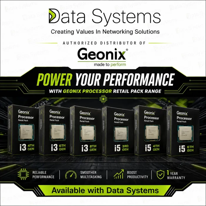Geonix processor poster from Data Systems showing i3 fourth, sixth and eighth generation and i5 third, fourth and sixth generation retail packs