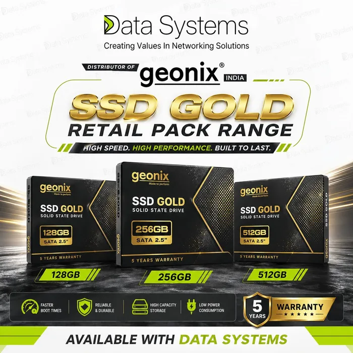 Geonix SSD Gold poster from Data Systems showing 128 GB, 256 GB and 512 GB 2.5 inch SATA solid state drives in gold retail packs
