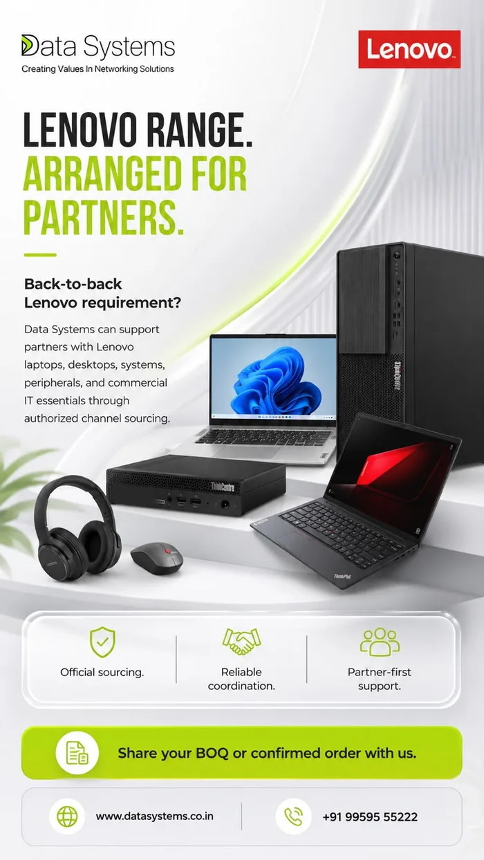 Lenovo ThinkPad, ThinkCentre tower and tiny desktop, headset and mouse, with the Data Systems and Lenovo marks