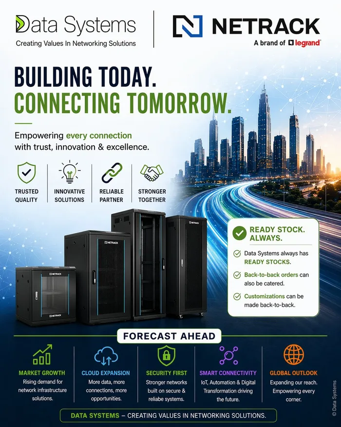 Netrack rack enclosures against a city skyline, for network infrastructure growth, cloud expansion and IoT connectivity
