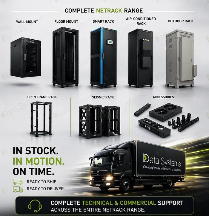 The complete Netrack range laid out by type: wall mount, floor mount, smart rack, air-conditioned, outdoor, open frame, seismic and accessories