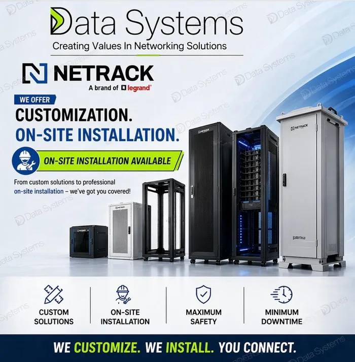 Netrack poster from Data Systems showing wall mount, floor standing, smart and outdoor racks alongside an on-site installation badge