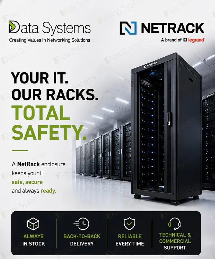 Netrack enclosure in a data hall, illustrating safe, secure and ready housing for IT equipment