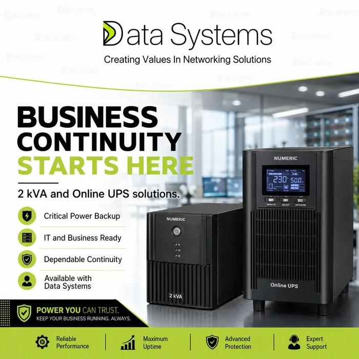 Numeric UPS poster from Data Systems showing a 2 kVA unit beside a taller online double conversion UPS in an office setting