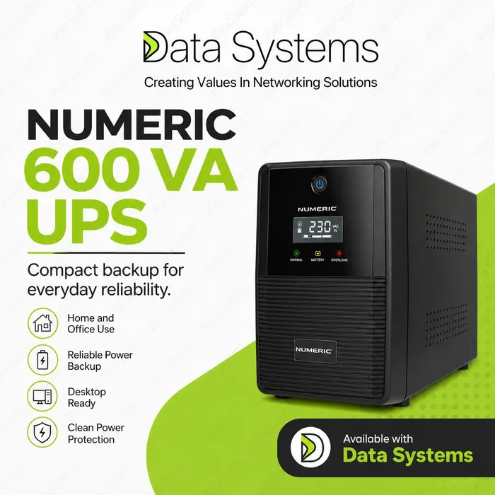 Numeric 600 VA UPS from Data Systems, black tower chassis with a backlit LCD showing 230 volts