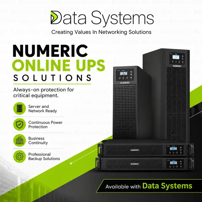 Numeric online UPS range from Data Systems, showing tower and rack-mount double conversion units