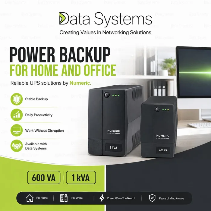 Numeric 600 VA and 1 kVA line-interactive UPS units on an office table, from Data Systems