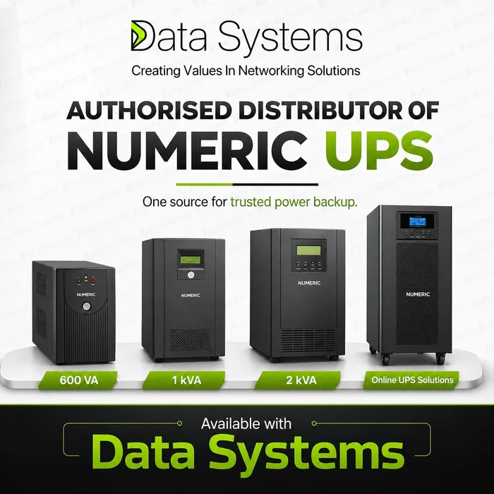 Numeric UPS range poster from Data Systems showing 600 VA, 1 kVA and 2 kVA units beside an online UPS tower