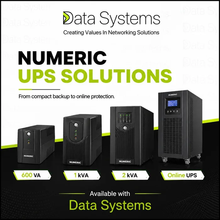 Numeric UPS solutions poster from Data Systems comparing 600 VA, 1 kVA and 2 kVA units against an online UPS tower