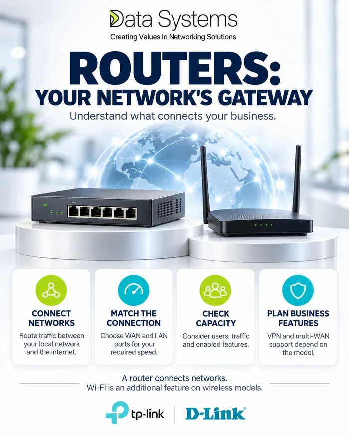 Data Systems poster on routers, a desktop wired router and a two antenna wireless router on plinths, with four planning points: connect networks, match the connection, check capacity and plan business features