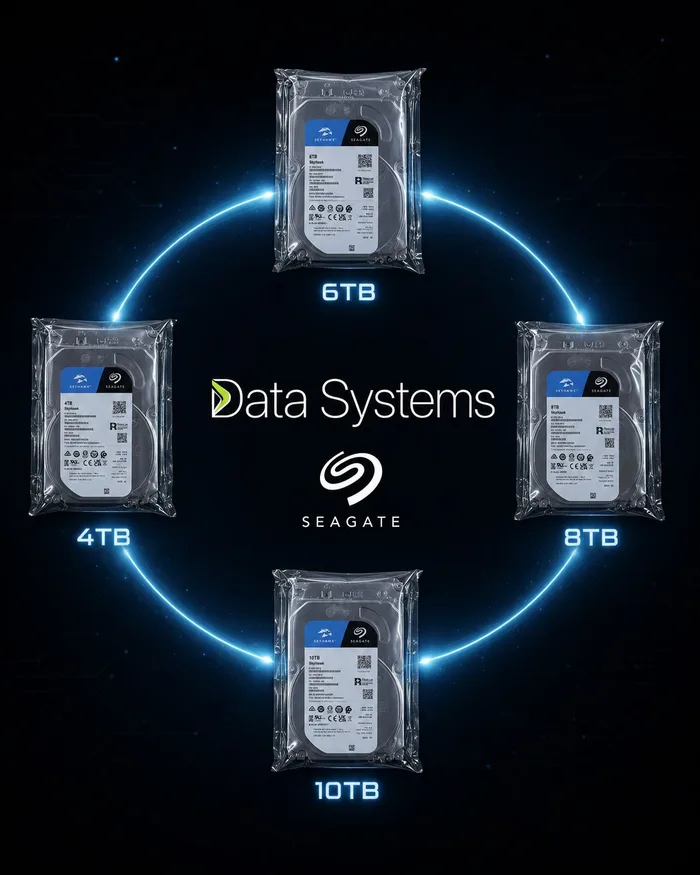 Seagate SkyHawk surveillance drives in 4, 6, 8 and 10 terabyte capacities in protective packaging