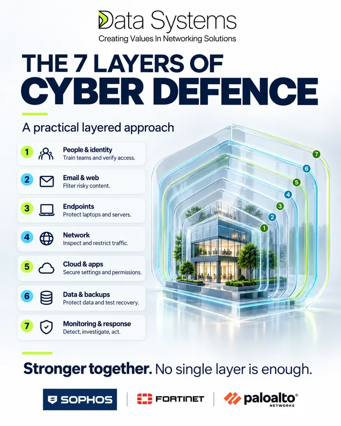 Data Systems poster on the seven layers of cyber defence, a glass office building inside seven nested transparent shells numbered one to seven, from people and identity to monitoring and response