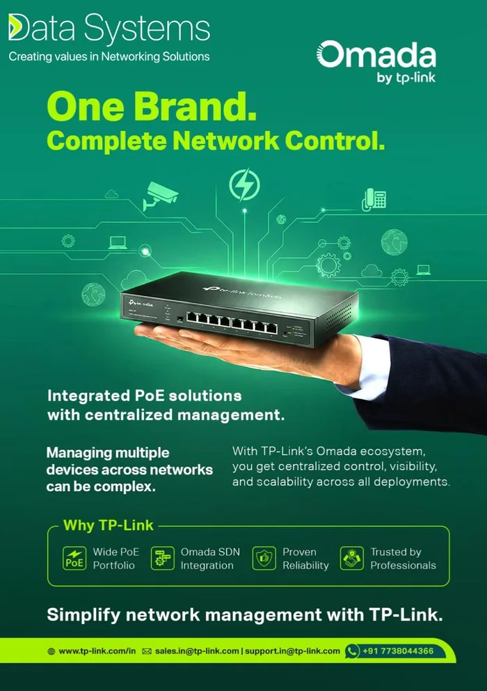 TP-Link Omada PoE switch held in hand, illustrating integrated PoE with centralised network management, supplied by Data Systems