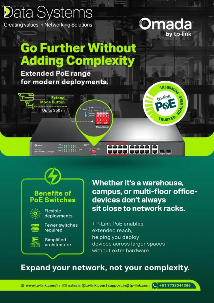 TP-Link Omada PoE switch in extend mode reaching 250 metres, for warehouse, campus and multi-floor office cabling