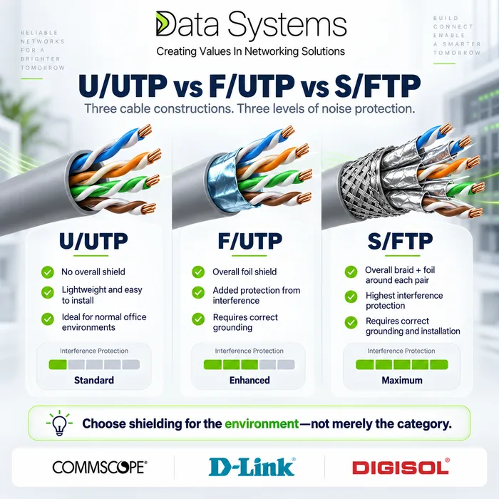 Data Systems poster comparing U/UTP, F/UTP and S/FTP cable constructions, three cut cable ends showing unshielded pairs, an overall foil shield, and an overall braid with foil around each pair