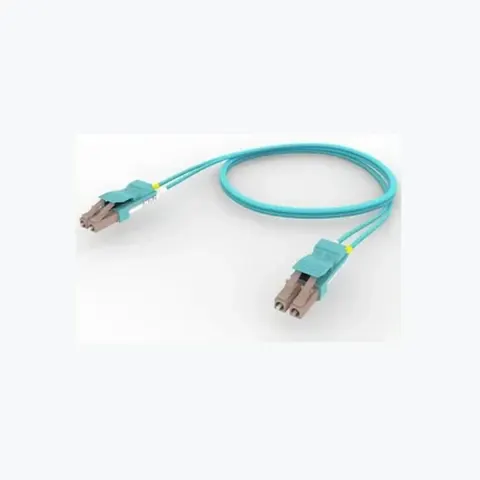 OM4 LC/UPC to LC/UPC Fiber Patch Cord, 1.6 mm Duplex, Plenum, Aqua (AC) Locking Clip