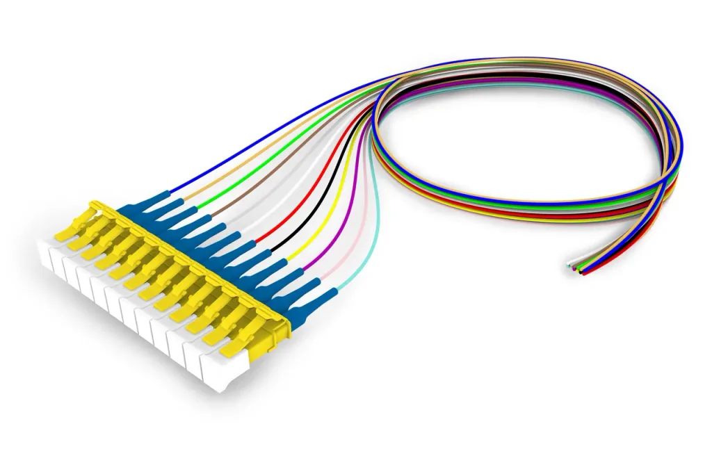 Singlemode LC/UPC Keyed Yellow to Unconnectorized, Fiber Pigtail, 0.9 mm Tight Buffer, 12-Fiber Kit Blue - Aqua (1-12)