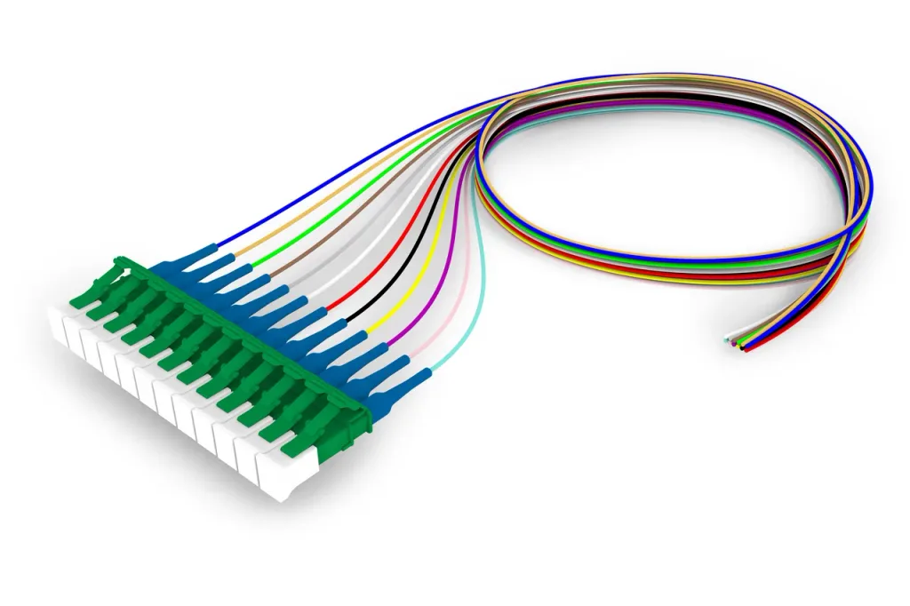 Singlemode LC/UPC Keyed Green to Unconnectorized, Fiber Pigtail, 0.9 mm Tight Buffer, 12-Fiber Kit Blue - Aqua (1-12)