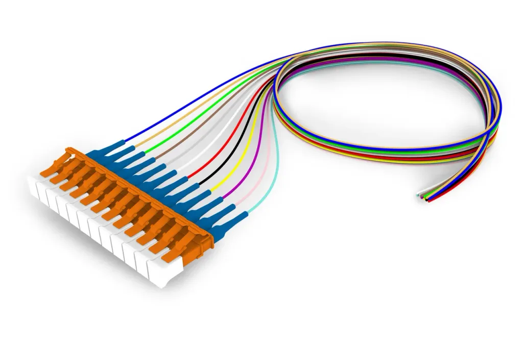 Singlemode LC/UPC Keyed Orange to Unconnectorized, Fiber Pigtail, 0.9 mm Tight Buffer, 12-Fiber Kit Blue - Aqua (1-12)