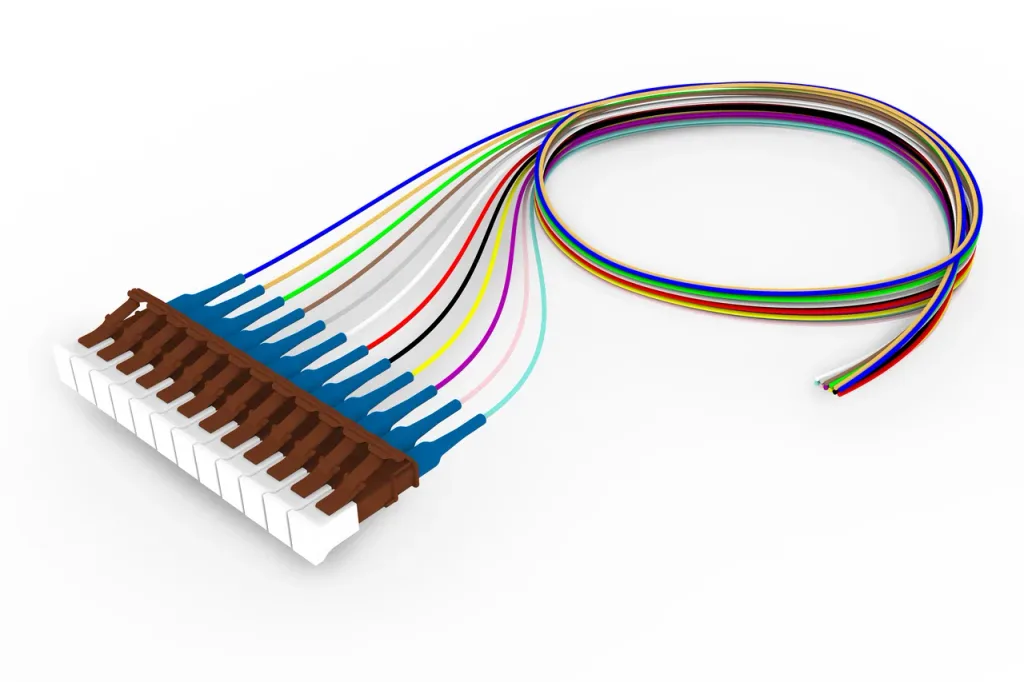 Singlemode LC/UPC Keyed Brown to Unconnectorized, Fiber Pigtail, 0.9 mm Tight Buffer, 12-Fiber Kit Blue - Aqua (1-12)