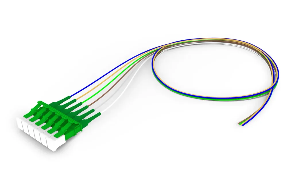 Singlemode LC APC to Unconnectorized, 0.9 mm Tight Buffer Fiber Pigtail, 6-fiber Kit, Blue - White (1-6)