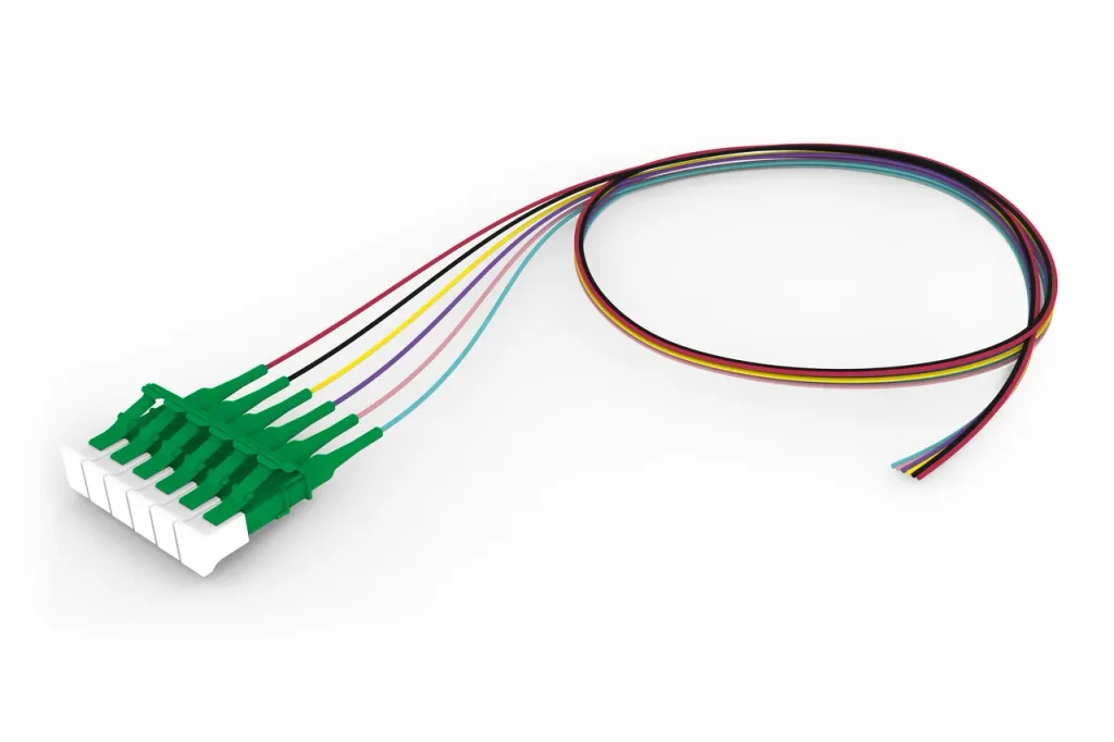 Singlemode LC APC to Unconnectorized, Fiber Pigtail, 0.9 mm Tight Buffer, 6-Fiber Kit Red - Aqua (7-12)