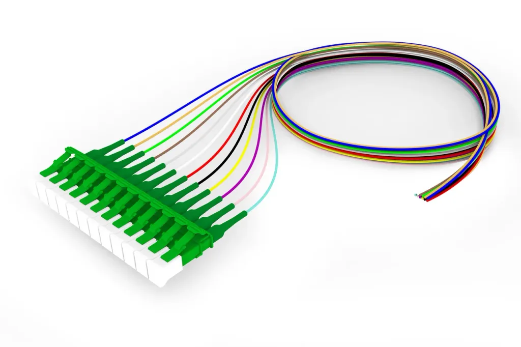 Singlemode LC APC to Unconnectorized, 0.9 mm Tight Buffer Fiber Pigtail, 12-fiber Kit, Blue - Aqua (1-12)