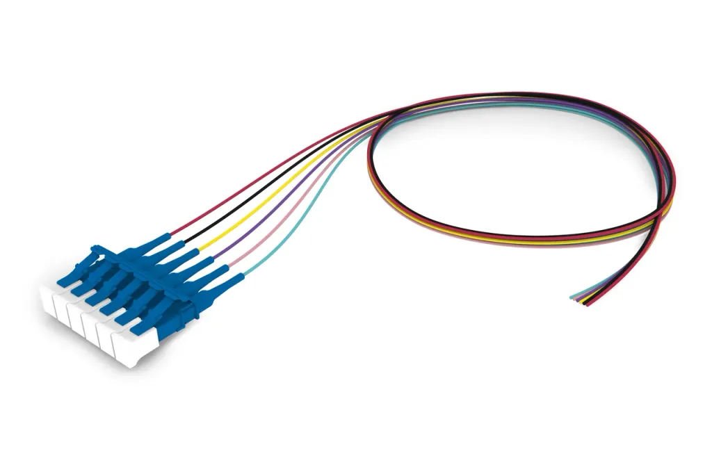 Singlemode LC/UPC to Unconnectorized, Fiber Pigtail, 0.9 mm Tight Buffer, 6-Fiber Kit Red - Aqua (7-12)