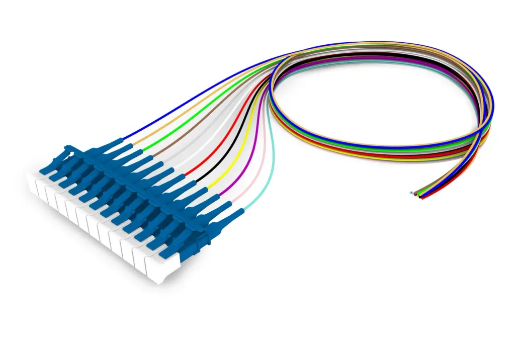 Singlemode LC/UPC to Unconnectorized, Fiber Pigtail, 0.9 mm Tight Buffer, 12-Fiber Kit Blue - Aqua (1-12)