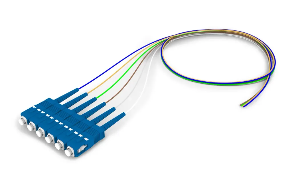 Singlemode SC/UPC to Unconnectorized, Fiber Pigtail, 0.9 mm Tight Buffer, 6-Fiber Kit Blue - White (1-6)