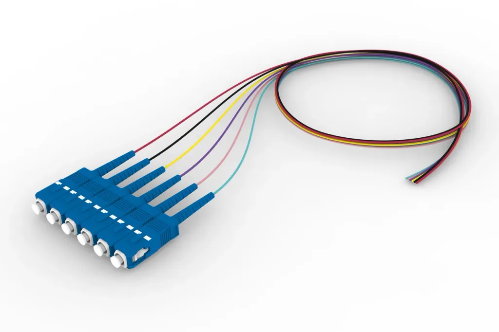 Singlemode SC/UPC to Unconnectorized, Fiber Pigtail, 0.9 mm Tight Buffer, 6-Fiber Kit Red - Aqua (7-12)
