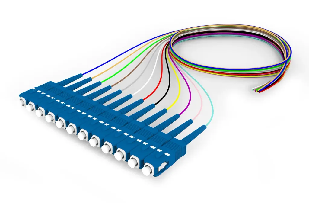 Singlemode SC/UPC to Unconnectorized, Fiber Pigtail, 0.9 mm Tight Buffer, 12-Fiber Kit Blue - Aqua (1-12)