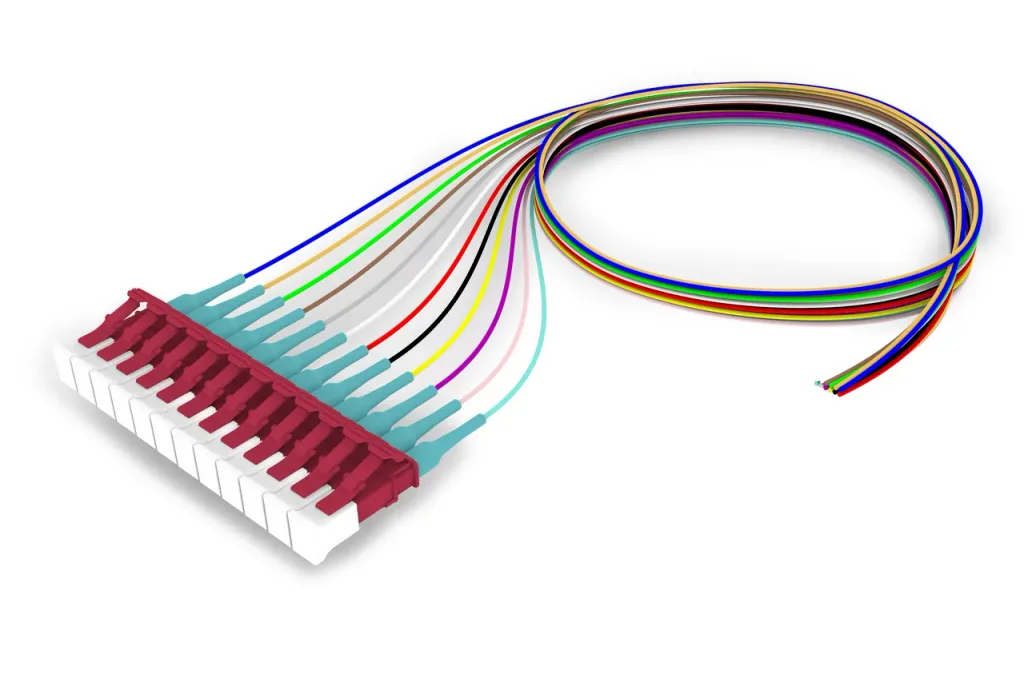 OM4 LC/UPC Keyed Red to Unconnectorized, Fiber Pigtail, 0.9 mm Tight Buffer, 12-Fiber Kit Blue - Aqua (1-12)