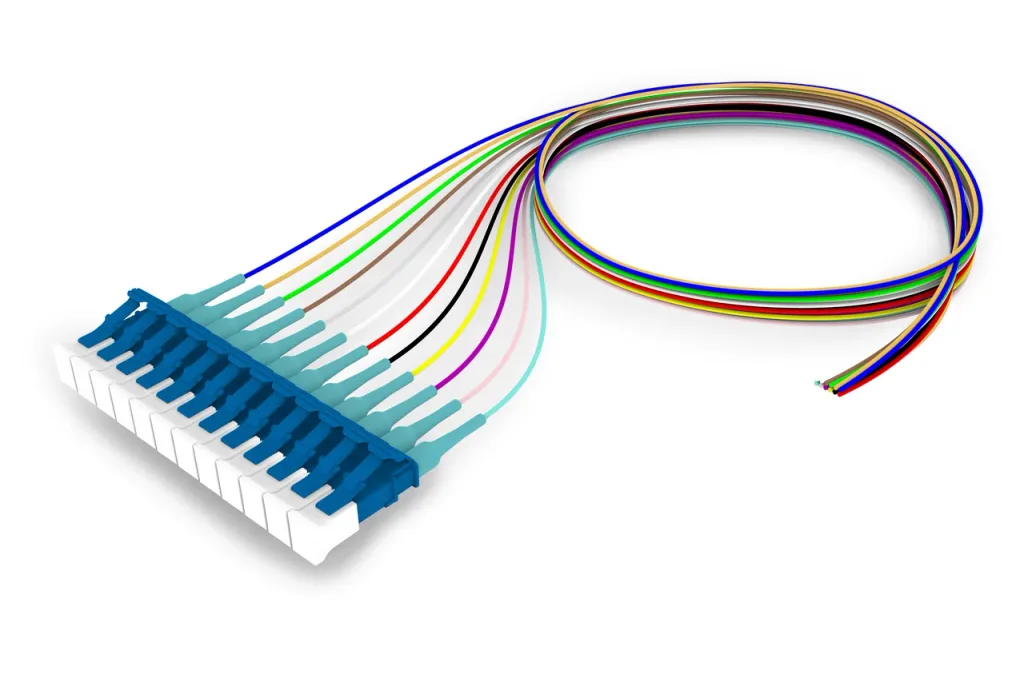 OM4 LC/UPC Keyed Blue to Unconnectorized, Fiber Pigtail, 0.9 mm Tight Buffer, 12-Fiber Kit Blue - Aqua (1-12)