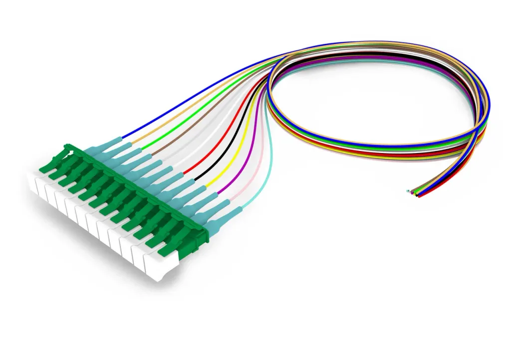 OM4 LC/UPC Keyed Green to Unconnectorized, Fiber Pigtail, 0.9 mm Tight Buffer, 12-Fiber Kit Blue - Aqua (1-12)