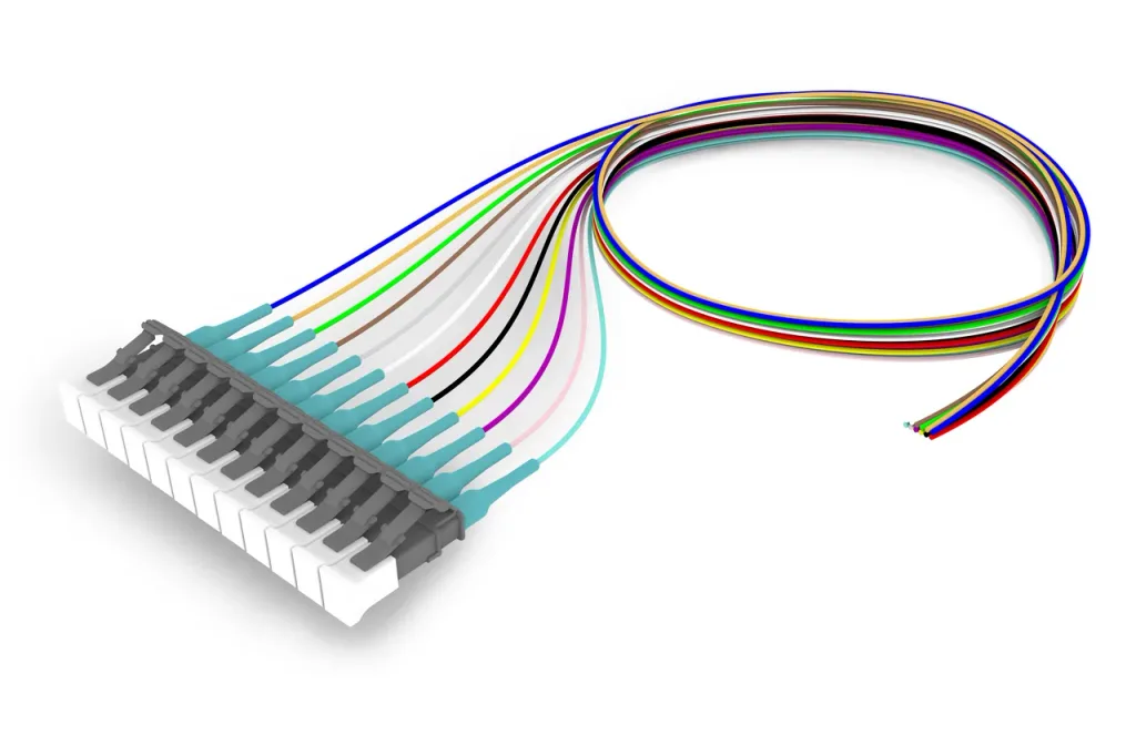 OM4 LC/UPC Keyed Slate to Unconnectorized, Fiber Pigtail, 0.9 mm Tight Buffer, 12-Fiber Kit Blue - Aqua (1-12)