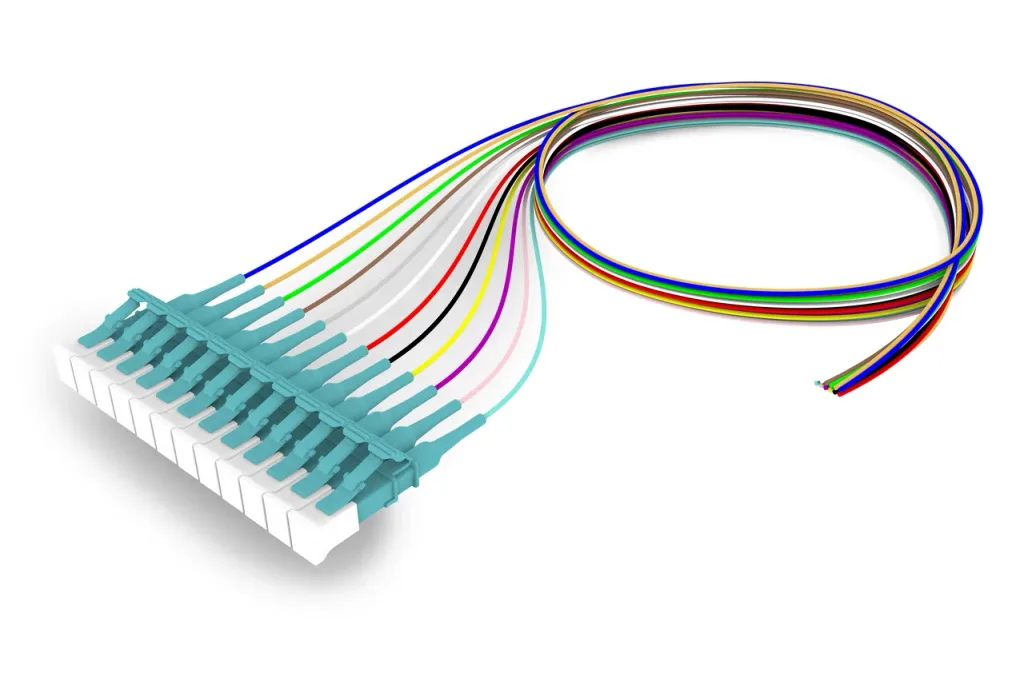 OM4 LC/UPC Keyed Aqua to Unconnectorized, Fiber Pigtail, 0.9 mm Tight Buffer, 12-Fiber Kit Blue - Aqua (1-12)
