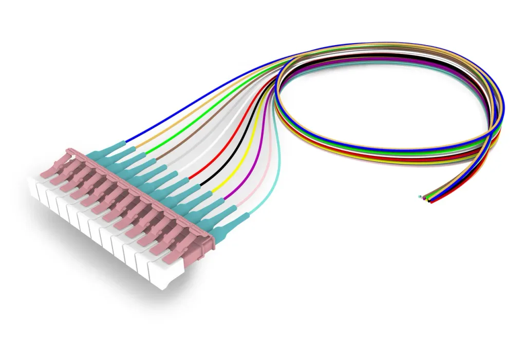 OM4 LC/UPC Keyed Rose to Unconnectorized, Fiber Pigtail, 0.9 mm Tight Buffer, 12-Fiber Kit Blue - Aqua (1-12)